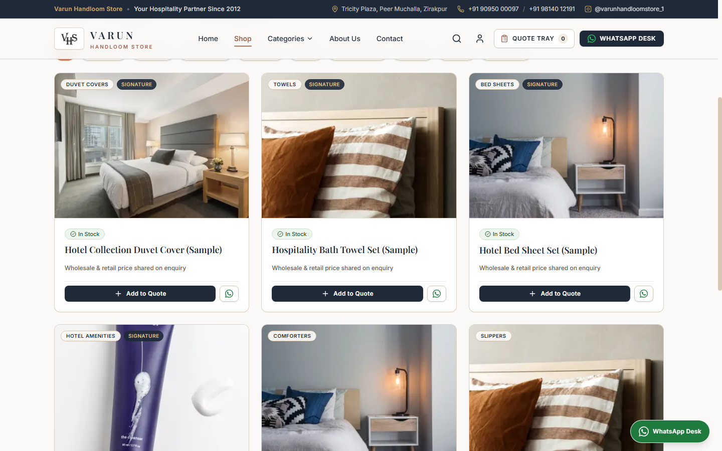 The Varun Handloom Store catalogue on desktop: product cards with category labels, stock status and Add to Quote buttons next to WhatsApp buttons.